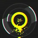 En skærm med en gul cirkel, der indeholder tallet 26, omgivet af en sort baggrund og glitch-effekter