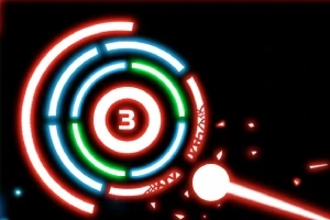 Flere koncentriske cirkler med neonfarver og tallet 3 i midten på sort baggrund