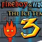 Tegneseriefigurerne Fireboy og Watergirl står foran en istempel-baggrund med et stort tal 3 imellem dem