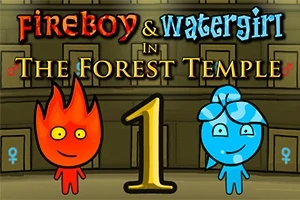 To antegøre to figurer, en ild-dreng og en vand-pige, med en tempelbaggrund og teksten Fireboy & Watergirl in The Forest Temple 1