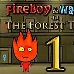 To antegøre to figurer, en ild-dreng og en vand-pige, med en tempelbaggrund og teksten Fireboy & Watergirl in The Forest Temple 1