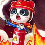 En tegnet panda i brandmandskostume bruger en ildslukker til at slukke flammer