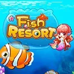 Undervandsbillede med teksten Fish Resort, en lille havfrue og to store klovnfisk