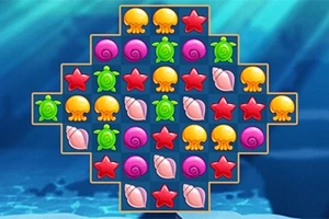 Farverige, mønstrede skaller, stjerner, skildpadder og blæksprutter arrangeret i et geometrisk mønster på en blå baggrund