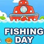 En tegning af en rød båd på havet med små fisk og teksten Fishing Day