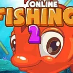Stor orange tegneseriefisk med store øjne, omgivet af koraller og havbund, med teksten Online Fishing 2 i baggrunden