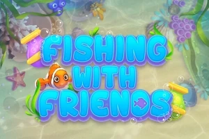 Teksten Fishing with Friends i store, blå bogstaver med en tegnet orange fisk og farverig undervandsbaggrund med planter og bobler