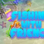 Teksten Fishing with Friends i store, blå bogstaver med en tegnet orange fisk og farverig undervandsbaggrund med planter og bobler