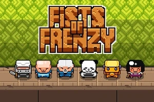 Seks pixelerede figurer står på en platform foran en grøn mønstret baggrund med teksten Fists of Frenzy ovenfor