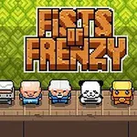 Seks pixelerede figurer står på en platform foran en grøn mønstret baggrund med teksten Fists of Frenzy ovenfor