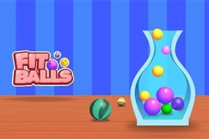 Flerfarvede bolde fylder en vase ved siden af teksten FIT BALLS på en blå- og brunstribet baggrund