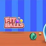 Flerfarvede bolde fylder en vase ved siden af teksten FIT BALLS på en blå- og brunstribet baggrund