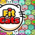 Farverigt mønster af tegneserie-katteansigter med teksten Fit Cats i midten