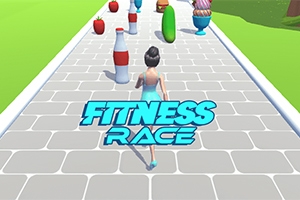 En kvinde løber på en flisebelagt sti omgivet af sunde og usunde madvarer med teksten Fitness Race