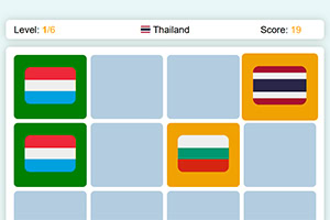 Bræt med felter indeholdende farverige flag, herunder det thailandske flag, og en score angivet øverst