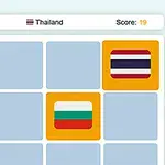 Bræt med felter indeholdende farverige flag, herunder det thailandske flag, og en score angivet øverst