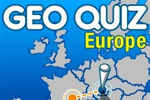 Kort over Europa med teksten GEO QUIZ Europe og en markør der viser placering på kortet