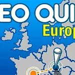 Kort over Europa med teksten GEO QUIZ Europe og en markør der viser placering på kortet