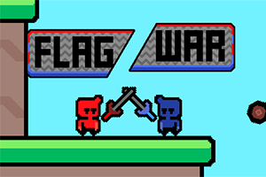 To pixelfigurer, en rød og en blå, står på en platform med krydsede sværd under teksten FLAG WAR