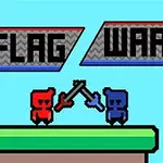 To pixelfigurer, en rød og en blå, står på en platform med krydsede sværd under teksten FLAG WAR