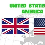 To flagg afbildet på en globus, Union Jack og det amerikanske flag, med teksten United States of America øverst