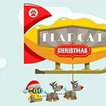 Luftskib med teksten FLAPCAT CHRISTMAS og en figur iført nissehue, der styrer to rensdyr i vinterlandskab