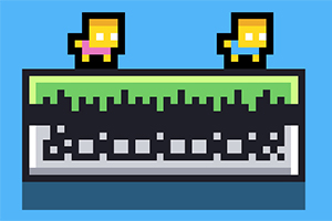 To pixelkarakterer står på en platform med en grøn overflade mod en blå baggrund