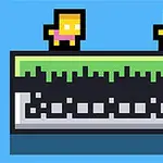 To pixelkarakterer står på en platform med en grøn overflade mod en blå baggrund