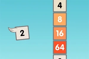 Flappy 2048 En række farvede kvadrater med tal på, fra 4 til 64, ved siden af et flyvende kvadrat med tallet 2 på en blå baggrund