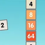 Flappy 2048 En række farvede kvadrater med tal på, fra 4 til 64, ved siden af et flyvende kvadrat med tallet 2 på en blå baggrund