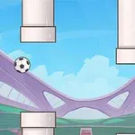 Et tegneseriestilbillede af en fodbold, der bevæger sig mellem hvide rør i en arena med lyseblå himmel og futuristisk struktur i baggrunden