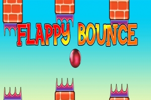 Teksten FLAPPY BOUNCE vises på en baggrund med murstensagtige barrierer og en rød bold