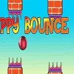 Teksten FLAPPY BOUNCE vises på en baggrund med murstensagtige barrierer og en rød bold