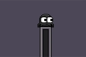 En sort, pixel-art karakter med store, hvide øjne står på toppen af en høj, smal søjle mod en mørk baggrund