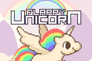 En pixelkunst-enhjørning med regnbuefarver foran en regnbue på en pastelfarvet baggrund med teksten FLAPPY UNICORN