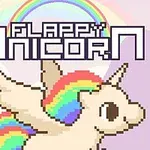 En pixelkunst-enhjørning med regnbuefarver foran en regnbue på en pastelfarvet baggrund med teksten FLAPPY UNICORN