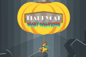En gul græskarformet luftballon med teksten Happy Cat Crazy Halloween og en lille figur hængende under