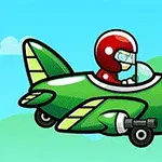 En tegneserie-agtig illustration af et lille, grønt fly med en pilot i rød hjelm og briller, der flyver over en blå himmel med skyer og bakker i baggrunden