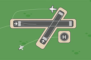 To landingsbaner, der krydser hinanden, med et helikopterlandingsområde og fly i luften over en grøn baggrund