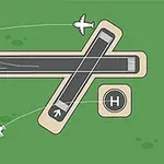 To landingsbaner, der krydser hinanden, med et helikopterlandingsområde og fly i luften over en grøn baggrund