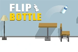 En flaske svæver midt i et spring over et bord og en stol med teksten FLIP BOTTLE til venstre