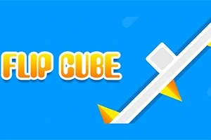 Blå baggrund med ordet FLIP CUBE i orangefarvet tekst og en diagonal stang med en hvid kube og orange spidser