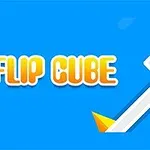Blå baggrund med ordet FLIP CUBE i orangefarvet tekst og en diagonal stang med en hvid kube og orange spidser
