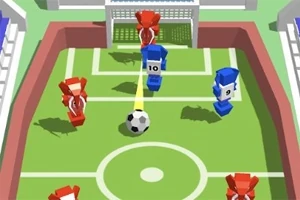 Farverige, bloklignende figurer spiller fodbold på en lille bane med en bold i centrum og et mål i baggrunden
