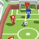 Farverige, bloklignende figurer spiller fodbold på en lille bane med en bold i centrum og et mål i baggrunden