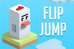 En hvid, kubisk kyllingefigur med rødt næb står på en grøn platform mod en blå baggrund med teksten FLIP JUMP