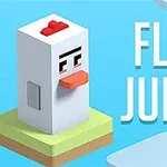En hvid, kubisk kyllingefigur med rødt næb står på en grøn platform mod en blå baggrund med teksten FLIP JUMP