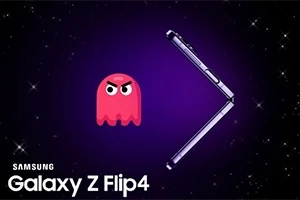 Rød spøgelse-emoji og en sammenklappelig smartphone på en lilla baggrund med stjerner, med teksten Samsung Galaxy Z Flip4 nederst
