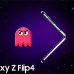 Rød spøgelse-emoji og en sammenklappelig smartphone på en lilla baggrund med stjerner, med teksten Samsung Galaxy Z Flip4 nederst
