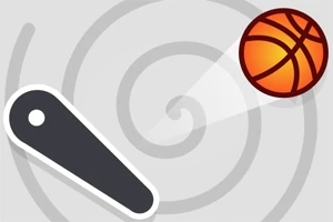 En flipperarm og en lysende orange basketball mod en grå spiralbaggrund